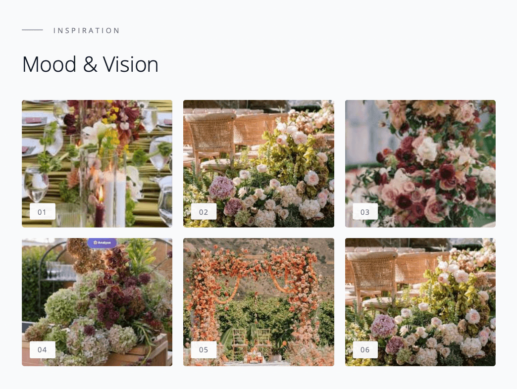 Mood and Vision inspiration board with wedding floral arrangement photos